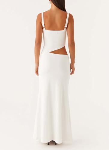 Image of Yiulangde Womens Elegant Spaghetti Strap Maxi Dress Backless Cut Out Bodycon Summer Cami Dress Sexy Formal Cocktail Dresses A-White