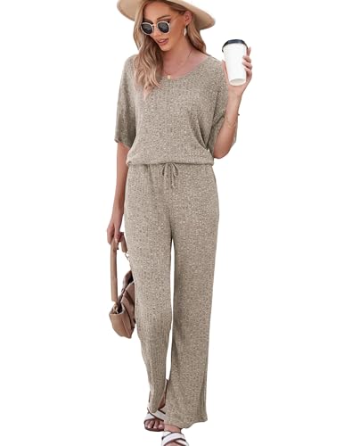 Image of JiniGolla Women's Ribbed Knit Pajama Set 2 Piece Matching Pj Set Short Sleeve Top and Pants Lounge Set with Pockets