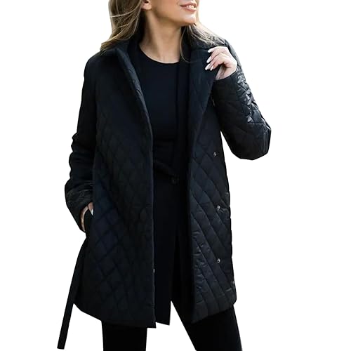 HGps8w Women's Winter Quilted Wrap Coat with Belt, Mid-Long Lapel Warm Padded Down Puffer Jacket Elegant Overcoat