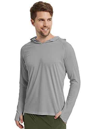 MIER Men's UPF 50+ Sun Protection Hoodie Rash Guard Long Sleeve Quick Dry Running Workout Thumbholes Shirts, Lightweight, Light Grey, L