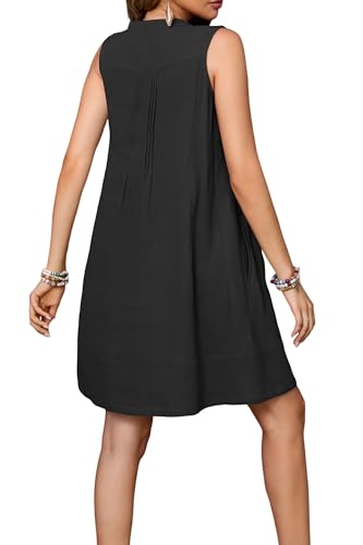 Image of R.Vivimos Sleeveless Cotton Casual Dresses for Women Summer 2026 Button Up Ruched Loose Tunic Mini Dress with Pockets