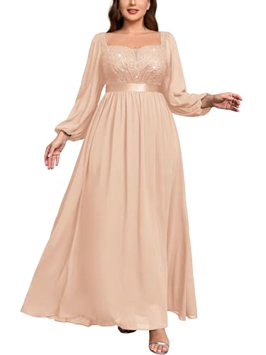 Image of MISSMAY Women's Plus Size Sequin Lace Square V Neck Sheer Long Sleeves Formal Evening Chiffon Long Dress