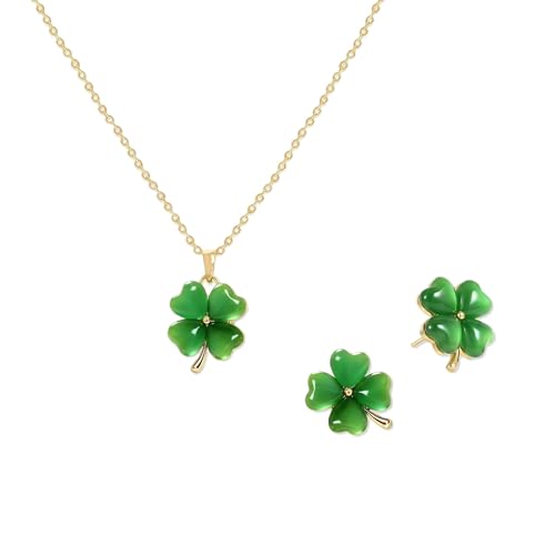 Frigotine St Patricks Jewelry Set for Women Gold Green Four Leaf Clover Necklace and Earrings Lucky Shamrock Accessories Crystal Gift Birthday Anniversary Hypoallergenic