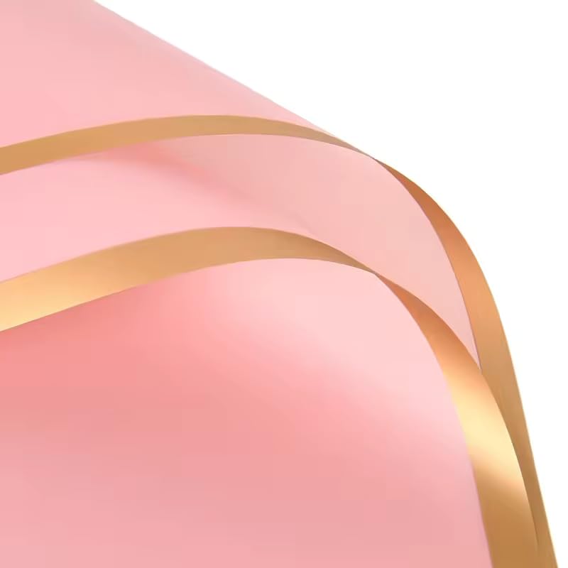 Image of Oasis - Pack of 10 Sheets Korean Style Waterproof Black Bouquet Wrapping Sheets (58cm x 58cm, 60 Microns) | Plain Pink With Golden Border Design, Premium Giftwrap for Flowers & DIY Gift Wrapping Paper