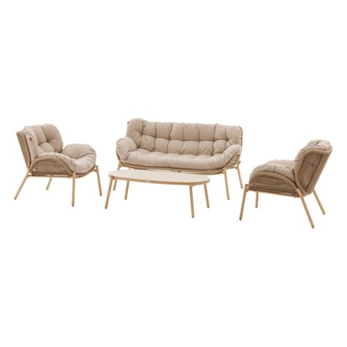 Hespéride – Salon de Jardin Meloane 5 Places Beige – Acier Epoxy Anti-Rouille, Résine Tressée et Coussins Polyester Déperlant – Canapé 3 Places, 2...