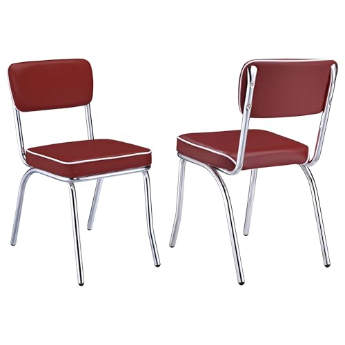 Coaster Home Furnishings Retro Set of 2 Open Back Dining Side Chairs Faux Leather Upholstered Back and Padded Seat Cushion Sturdy Steel Frame Red and Chrome 2450R