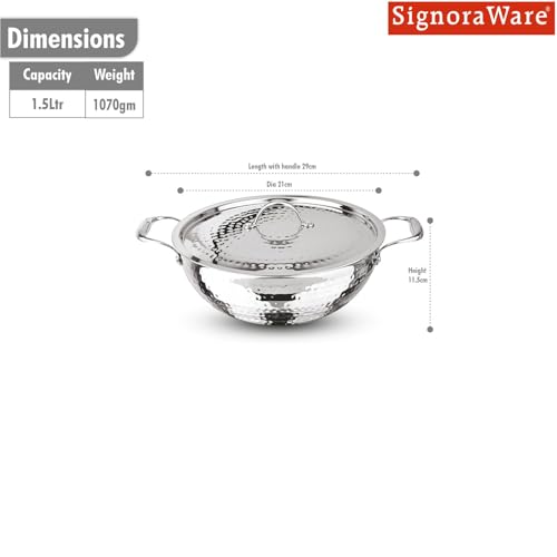 Image of Signoraware Artista Tri Ply Stainless Steel Hammered Deep Kadhai 18cm with Steel Lid | Elegant Finish | Even Heat Distribution | Ideal for Deep Frying & Daily Indian Cooking Needs (1.5 LTR | Steel)