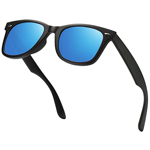 MEETSUN Polarisierte Sonnenbrille für Herren und Damen, klassische Retro-Sonnenbrille mit quadratischem Rahmen, 100 % UV-Schutz (Matt Schwarz Rahmen Blau Mirrorot Linse) Cover
