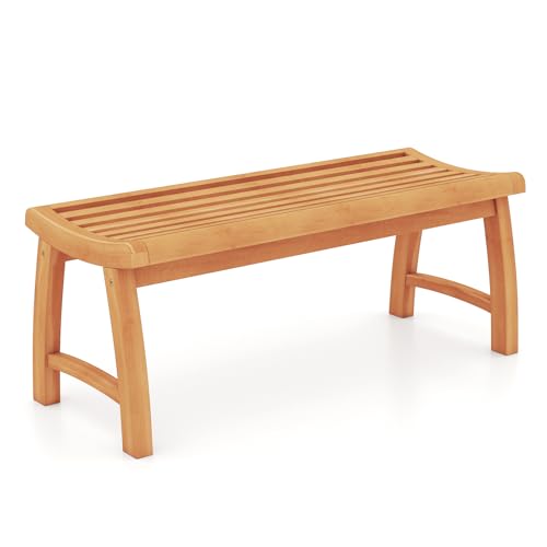 Tangkula Teak Wood Outdoor Bench, 2-Person Patio Backless Garden Dining Bench with Contoured Slatted Seat, 800 lbs Capacity, Outside Seating Furniture for Porch, Balcony, Deck & Yard (Natural)