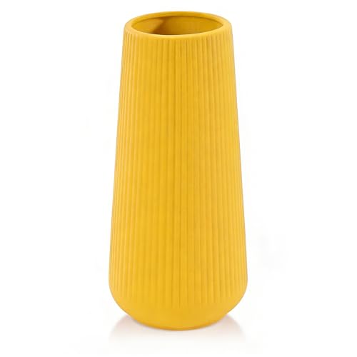 Yellow Ceramic Vase for Pampas Grass Modern Ribbed Matte Flower Vase Minimalist Decorative Vase for Home Decor Living Room Bathroom Shelf Table Centerpiece (Yellow)