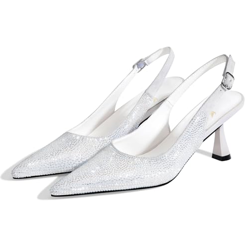 Image of LOCERICH Women's Kitten Heels Slingback Low Heel Dress Shoes Closed Toe Pumps Rhinestone Pointed Toe Sparkly Sling Back Bridal Wedding Party