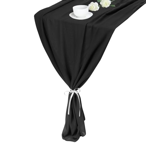 QUARKZMAN 2 Pcs Napperon en Mousseline Noire 3 M 70x300cm Léger et Élégant Décoration de Table Romantique et Transparente pour Mariage Fête Déco