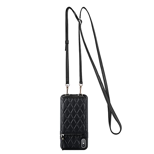 Lameeku Wallet Case Compatible With Iphone X, Iphone Xs Crossbody Case Quilted Pu Leather Card Holder Case With Wrist Strap Bummper Protective Case For Iphone X/Xs 5.8"-Black #TOP5