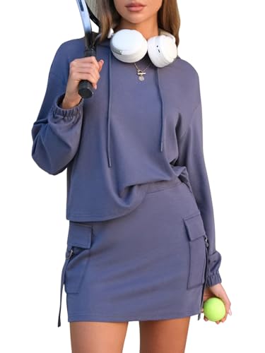 EXLURA Women 2 Piece Sets Cotton Sweatsuits Fall Hooded Sweatshirt Cargo Skort Skirt Stretchy Tracksuit Casual Tennis Pockets