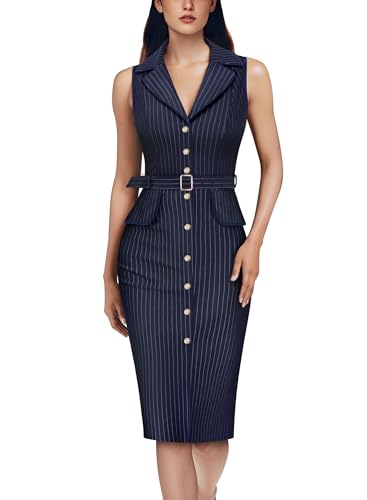 Image of VFSHOW Womens Professional Work Business Casual Office Belted Elegant Lapel V Neck Buttons Fitted Pencil Sheath Dress