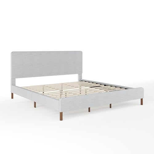 Image of Martha Stewart Britta Platform Bed with Headboard & Footboard, Faux Linen Upholstery with Piping Detail, Rounded Headboard, No Box Spring Needed, King, Gray