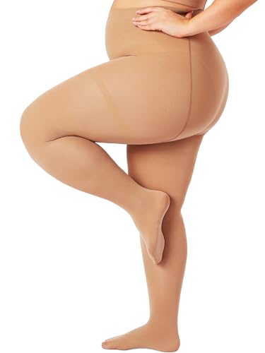 Image of Plus Size Opaque Tights for Women 240D Soft Solid Color Footed High Waist Control Top Pantyhose