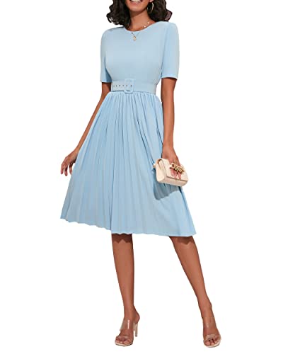 dress with pleats at the bottom IWFEV Women's Pleated Short Sleeve Maxi Dress Plain Dress Belt M Light Blue Amazon Women's Clothing store Flare Skirt Dress part of our made Sapphire Bloom Sky Blue Size:17.5 (32/33)