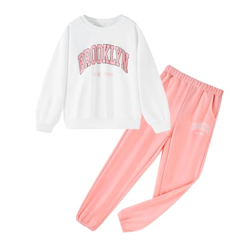 Image of DREAM BUS Girl Letter Print Clothes Drop Shoulder Sweatshirt and Pants with Pockets for Girls Tween Girl Fall Pants Set