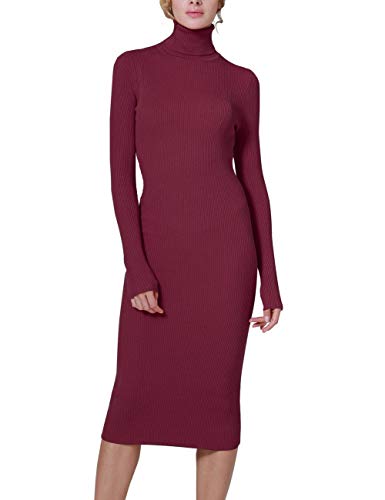 ninovino Women's Turtleneck Ribbed Long Sleeve Bodycon Tunic Sweater Dress Red-M