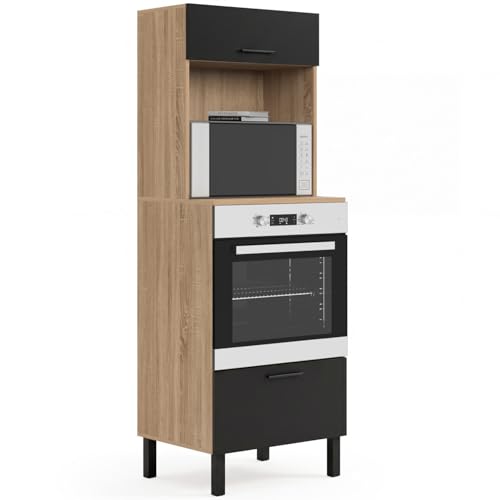 IDMarket - Armoire Colonne de Cuisine Four/Micro-Ondes 60 cm CINA 2 Portes Noir et façon hêtre