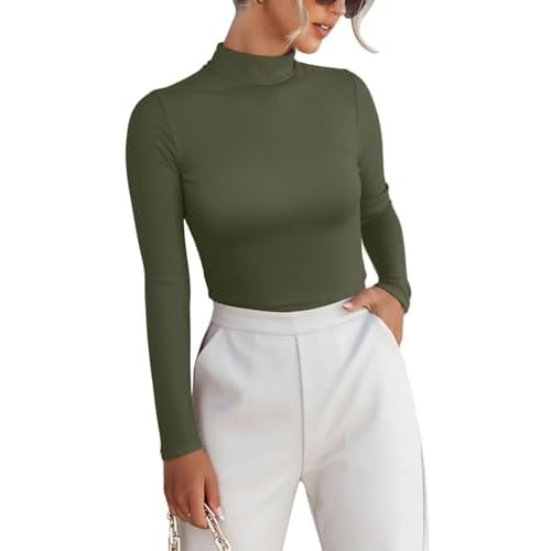 VICHYIE Women Long Sleeve Shirt Mock Neck Ribbed Knit Slim Fitted Fall Clothes Underwear X-Large Green-no Fleece Lined