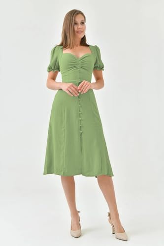 Image of Shasmi Girl's & Women's Solid Midi Dress - Elegant Square Neck Button-Down Dress with Puff Short Sleeves | Stylish Casual & Party & Office Wear Outfit (Dress 105)