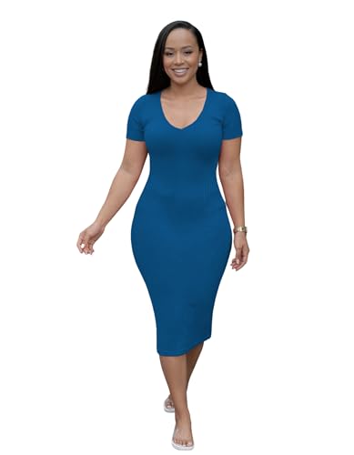 Image of TOPSRANI Women Sexy Midi Dress Bodycon Casual Sleeveless Basic Ruched Tank Summer Club Party Dresses