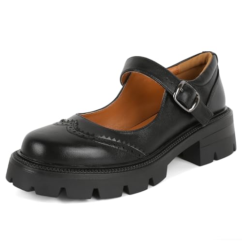 Eldof Women's Mary Jane Shoes Platform Lug Sole Low Heel Chunky Pumps Round Toe Ankle Strap Oxfords Dress Shoes for Uniform Graduation School Work 2 Inches