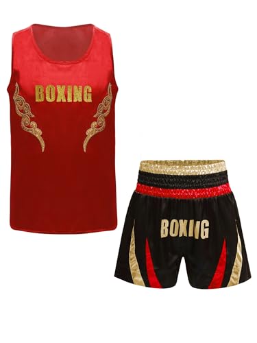 Eandarui Chándal de kickboxing para niños, corto, sin mangas, con pantalones cortos de combate, satén, para artes marciales, kickboxing, Rojo A., 110-116