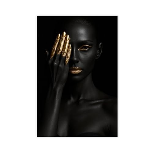 GLKISGFQ Póster de maquillaje dorado de mujer negra, póster de lienzo para decoración de pared, pinturas para sala de estar, dormitorio, decoración de 20 x 30 pulgadas (50 x 75 cm)