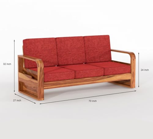 Image of Solid Sheesham Wooden 3 Seater Sofa for Living Room | Sofa with Side Pocket Storage & Cushion | Rosewood Sofa Set for Home (Honey with Red Cushion, 3 Seater)