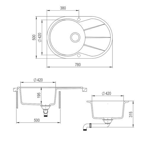 Bergström Granitspüle 780x500mm inkl. Siphon Küchenspüle Einbauspüle reversibel (Grau)