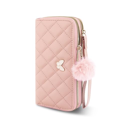 Energather Womens Wristlet Wallets, Double Zipper Large Capacity Credit Card Wallet with 12 Card Slots and Multi Compartments, PU Leather Clutch Wallet for Women (Pink)