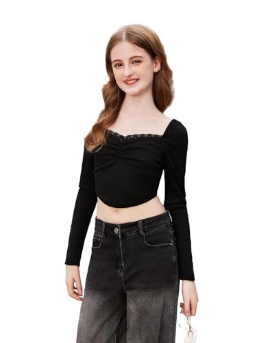 SOLY HUX Girl's Ruched Bust Lace Trim Crop Tops Square Neck Long Sleeve High Low Hem Tee Shirts3