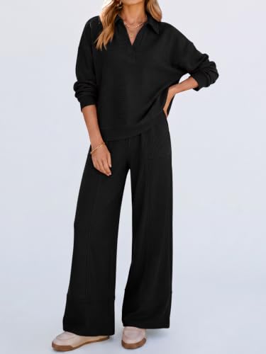 Fisoew Womens 2 Piece Sets Outfits V Neck Long Sleeve Top Wide Leg Pants - image 2