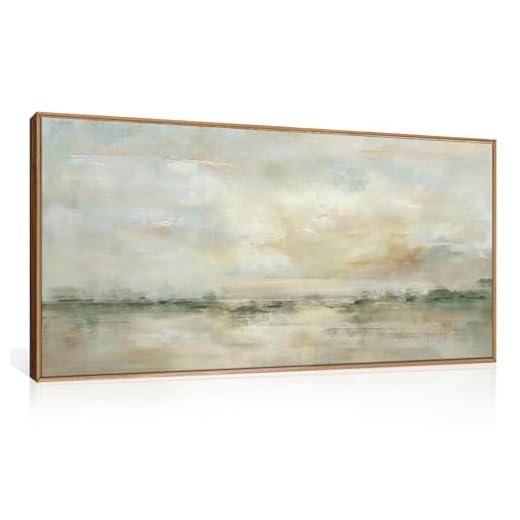 LHIUEM Large Abstract Green Gray Pastel Framed Canvas Wall Art,Neutral Landscape Wall Decor,Modern Watercolor Lake Artwork,Beige Textured Illustrations Art for Living Room,Bedroom,Office- 20"x40"x1