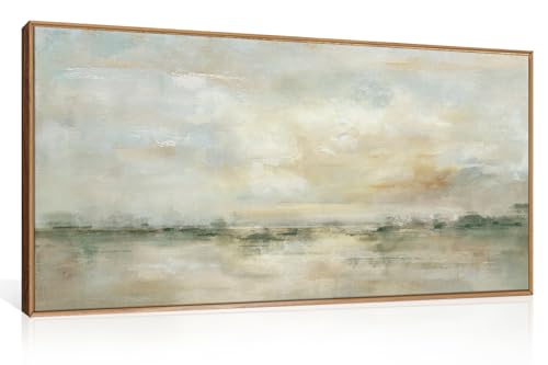 Lhiuem Large Abstract Green Gray Pastel Framed Canvas Wall Art,Neutral Landscape Wall Decor,Modern Watercolor Lake Artwork,Beige Textured Illustrations Art For Living Room,Bedroom,Office- 20'X40'X1