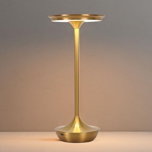 LED Cordless Table Lamp Rechargeable Portable 6000mAh Battery Outdoor Bedside Table Lamps 3 Color Stepless Dimming Touch Battery Powered Lamp Table Light for Restaurant/Patio/Camping/Bedroom(Gold)
