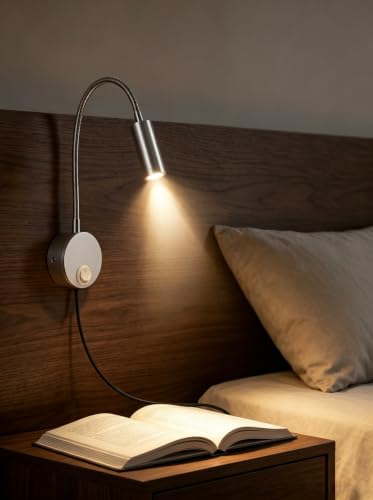 Image of 2-Pack Sleek Silver Bed Reading Light Wall Mount Lamp, 25 Focused Beam 3000K Warm White Adjust Neck Lamp, Polished Finish & Sand Silver Base, 4.92ft Plug-in, AC 85-265V