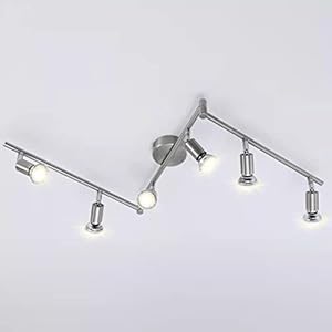 XIFEINIU Plafonnier LED 6 Spots Orientable, Lumière Spot de Plafond, Avec 6 lampes LED GU10 4W 2900K, spots de plafond modernes en nickel mat pour cuisine, salon, chambre (450LM, blanc chaud)