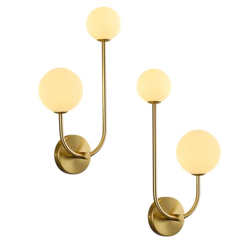 Image of Milk Glass Wall Sconce Gold Wall Sconces Set of Two Mid Century Modern Sconces Wall Lighting 2 Light Globe Sconce for Bedroom Living Room Hallway Wall Light Fixtures