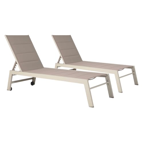 Happy Garden Lot de 2 Bains de Soleil Barbados en textilène Taupe et Aluminium Taupe. Transat d'extérieur Multi Position.
