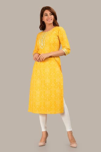 Image of COTLAND Fashions Jaipuri Cotton Straight Printed Kurta for Women (Sunflower Yellow)