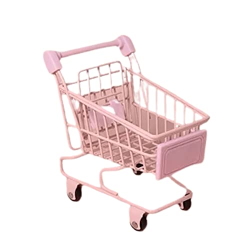 VIONNPPT 1:12 Puppenhaus Miniatur Supermarkt Handwagen, süß Metall Shopping Wagen, Mini Einkaufswagen Spielzeug Modell, Puppen Dekor Geschenk (Rosa)