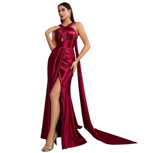 Satin Cross Neck Pleated Sleeveless Long Dress Wedding Guest Formal Evening Gown