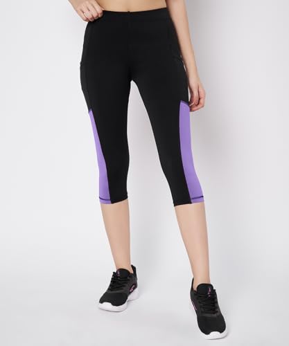 Image of Mehrang High-Waisted Capri Leggings with Side Pocket - Black & Contrast Color Block Activewear for Gym, Yoga, and Everyday Comfort for Women