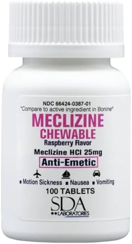 SDA LABORATORIES Meclizine Chewable Tablets 25mg Anti-Emetic Raspberry Flavor Motion Sickness & Vertigo Relief for Nausea Dizziness and Vomiting 100 Count (1 Pack)