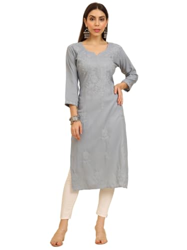 Image of Women's Chikankari-Lucknowi Embroidered Work | 3 /4 Sleeve | Knee Length | Round Neck | Cotton Fabric | Straight Kurta