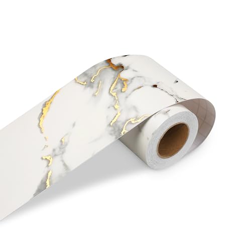 LACHEERY Frise Murale Autocollant Marbre Blanc avec Veines Dorées 7.6cm x 500cm Bordure Adhésive en Miroir Plinthe PVC Papier Peint Autocollant Murale Imperméable...
